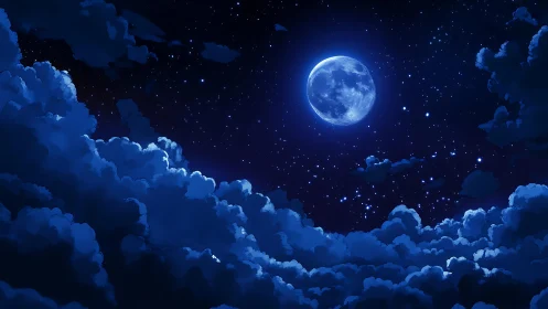 Moonlit night sky above glowing blue cloudscape.
