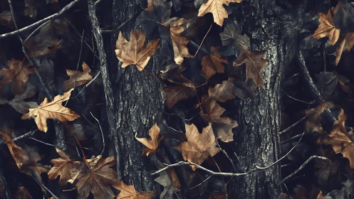 Quiet forest floor layered with curled autumn leaves.