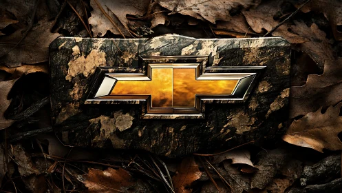 Metallic bowtie emblem mounted on camo plate over dry oak leaves