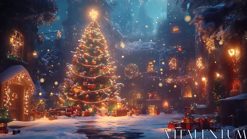 Snowy courtyard Christmas tree glows amid festive townhouses