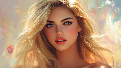 Blonde woman portrait glows against soft abstract pastel light