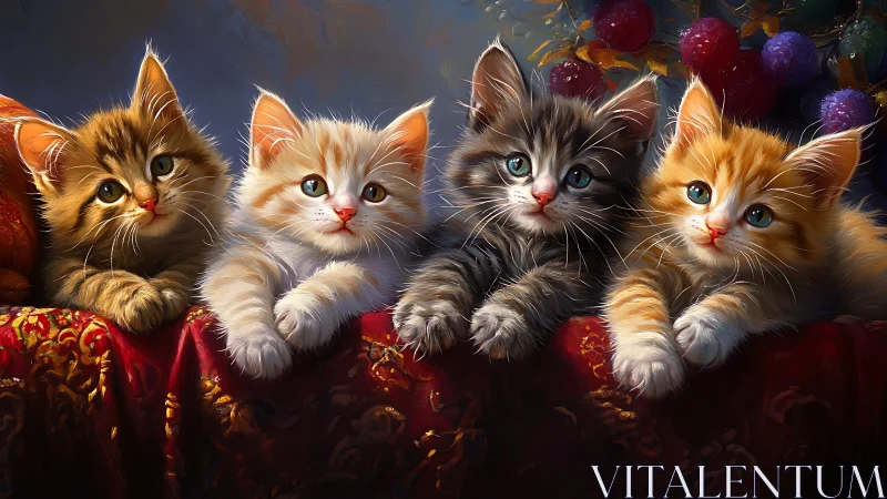 Four Fluffy Kittens in Holiday Setting.