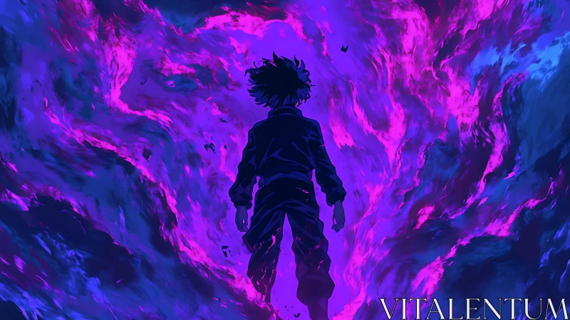 Silhouetted character walks through intense purple flames