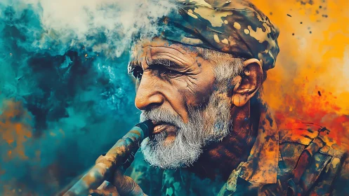 Older man with pipe is rendered in contrasting color fields