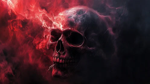 Human skull silhouette in red smoke against dark background.