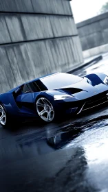 Blue supercar stands on wet asphalt beside concrete wall