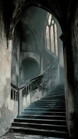 Stone staircase rises through decayed gothic interior space