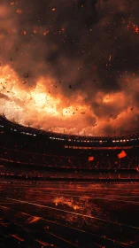 Stadium of embers waits beneath a collapsing storm of fire