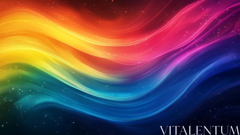 Vibrant multicolor light waves on deep starry background.
