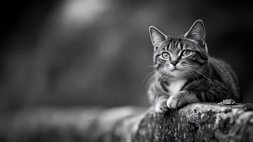 Tabby Cat Resting on Log. Black and White Portrait.
