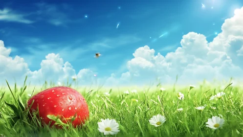 Glossy red apple anchors a hyperreal spring meadow vista