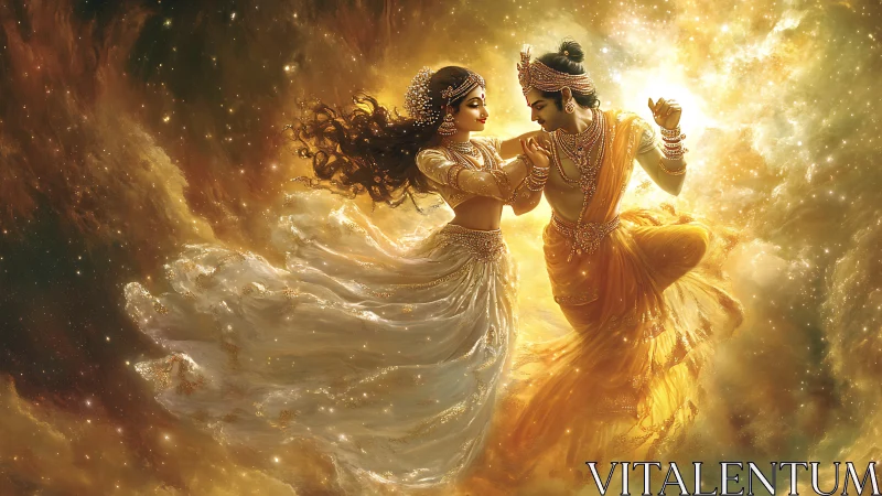 Divine couple dancing in glowing celestial clouds.