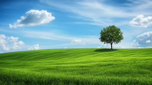 Solitary tree crowns a saturated green hillside under cirrus