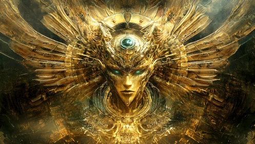 Golden cybernetic deity with mechanical wings and halo