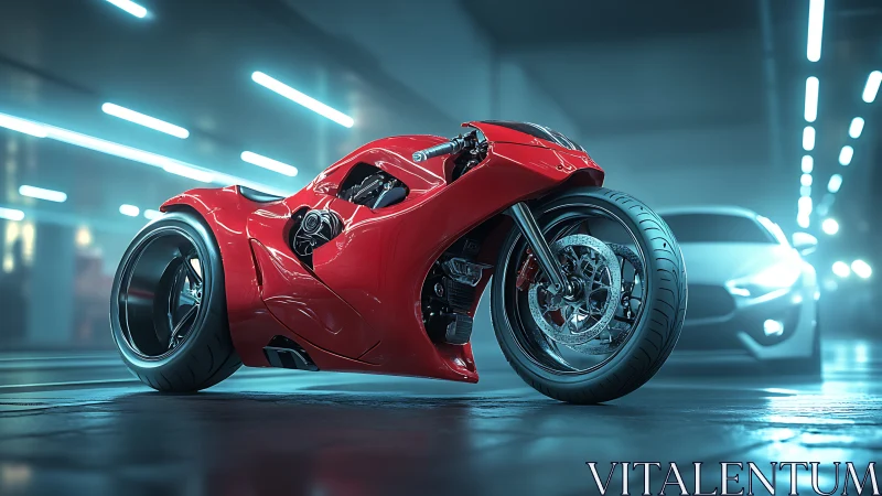 Parametric red superbike prototype in neon tunnel environment.