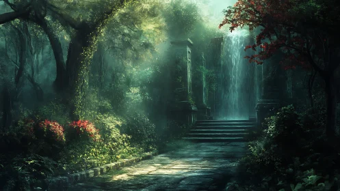 Mystical Forest Gateway. Emerald sanctuary with cascading waters.