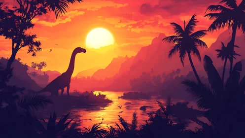Silhouetted sauropod in saturated triadic sunset jungle environment