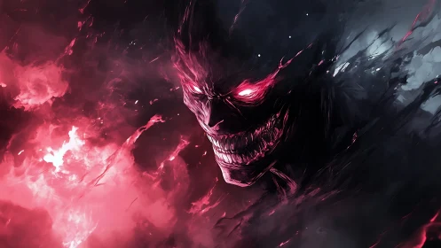 Fierce crimson spirit emerging from swirling cosmic smoke.