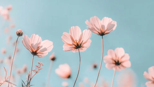 Pink Cosmos Flowers Against Clear Blue Sky.