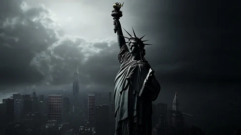 Stormlit Liberty raises a defiant torch above brooding city
