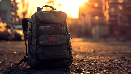 Tactical backpack rests on sunlit urban asphalt at dusk.