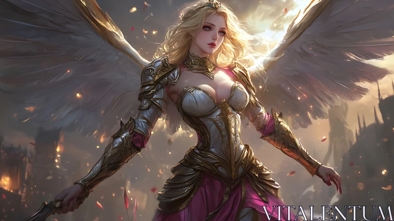 Radiant winged warrior angel rising above a burning realm.