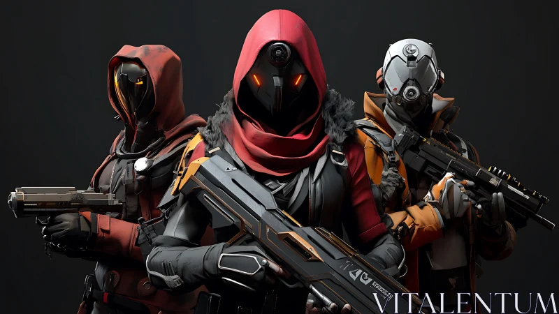 Cyberpunk tactical trio in hooded exo-armor formation.