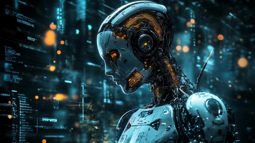 Neon-lit android pauses mid-thought, wrapped in drifting code