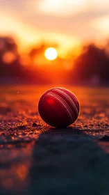 Sunset cricket ball glowing softly on a quiet dusty pitch.