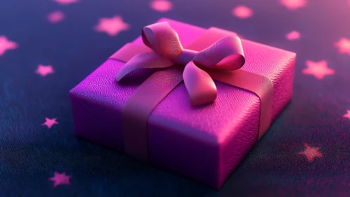 Luminous Pink Gift Box with Ribbon Bow and Stars.
