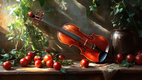 Violin resting among tomatoes on rustic wooden table.