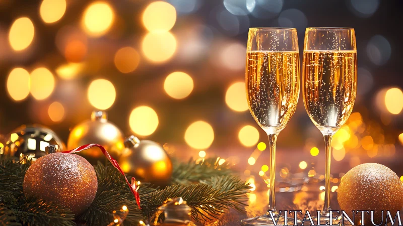 Holiday champagne flutes glow amid golden bokeh lights.