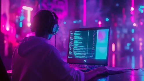 Neon-lit coder immersed in futuristic cyber workspace.