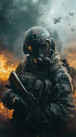 Armored soldier in gas mask amid fire and smoke backdrop.
