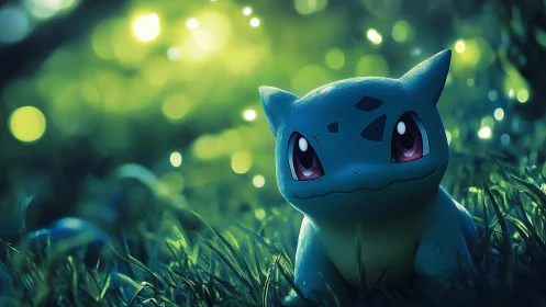 Bulbasaur figure in stylized forest grass under bokeh light.