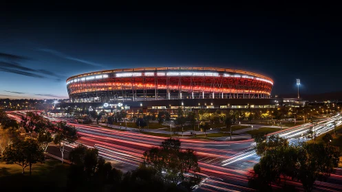 Illuminated modern stadium dominates nocturnal cityscape