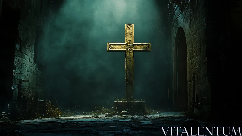 Golden stone cross stands in eerie shaft of crypt light.