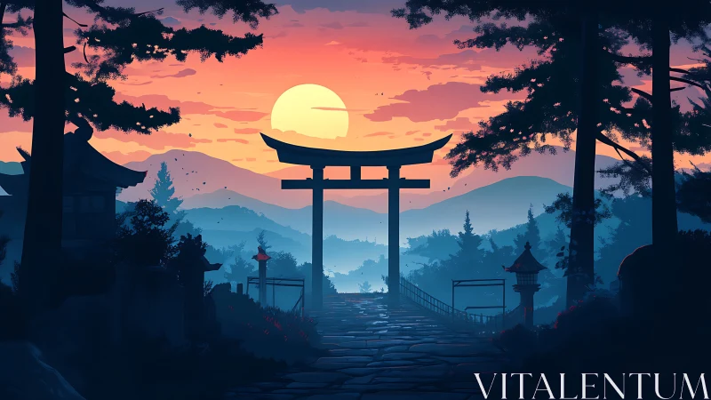 Soft sunrise over tranquil torii gate and misty hills.