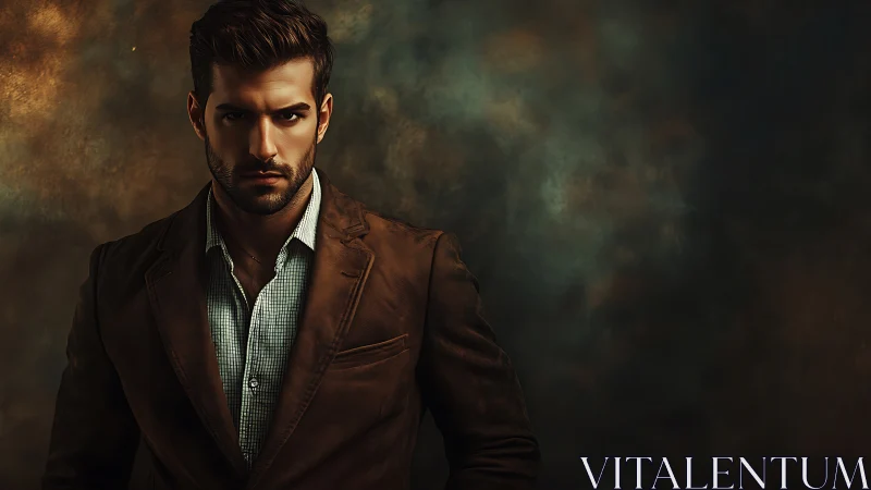 Man in brown blazer stands against dark textured backdrop