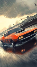 Orange classic muscle car moves through wet urban roadway