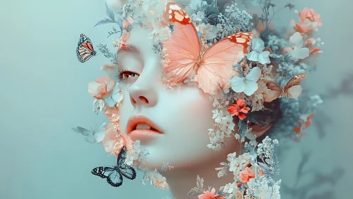 Surreal female portrait with blossoming butterflies and flowers.