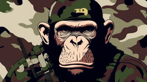 Vector-rendered tactical chimpanzee portrait in camo gear.