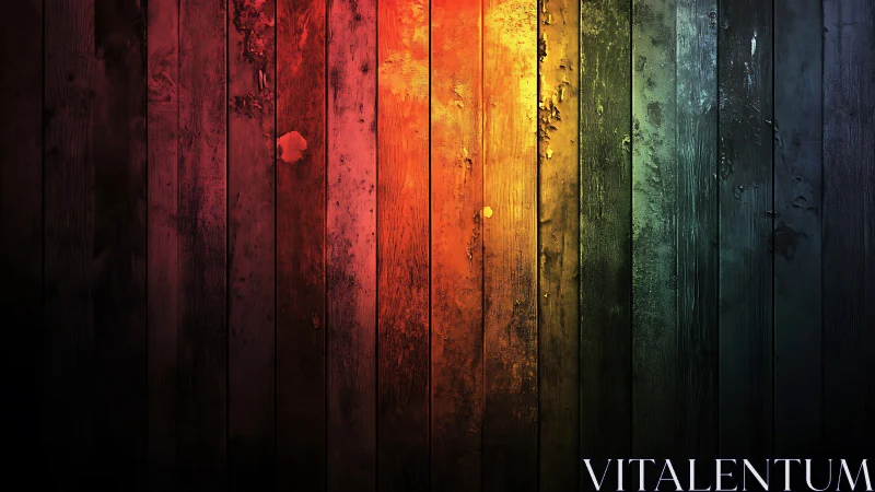 Grunge weathered wooden planks under gradient spectrum lighting
