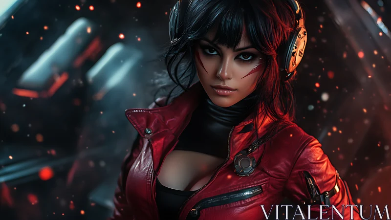 Cyberpunk DJ in red jacket stands in neon embers night.