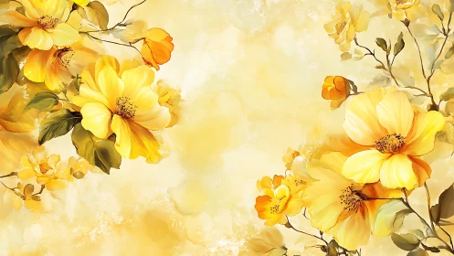 Golden Yellow Flowers Bloom in Soft Watercolor.