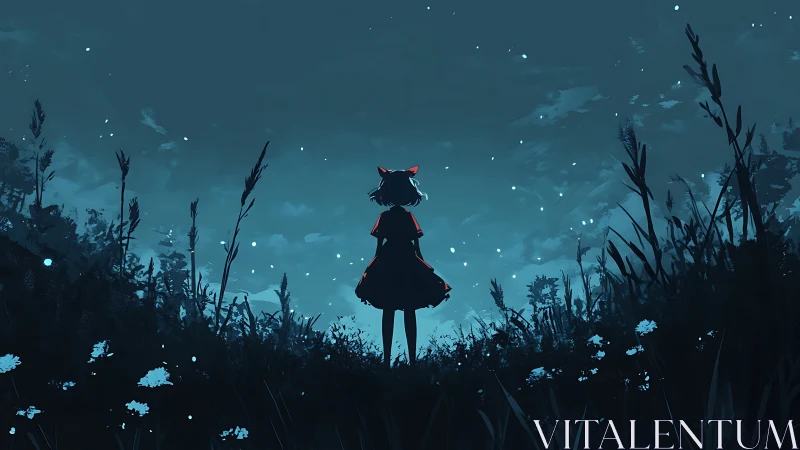 Solitary girl in glowing midnight meadow under starry sky.