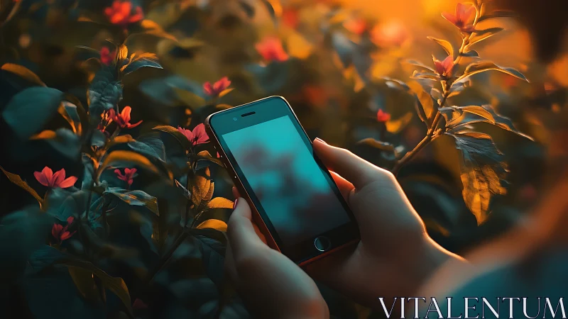 Sunlit smartphone cradled among glowing garden blossoms.