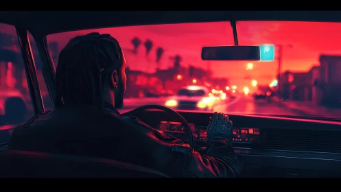 Neon-lit city drive renders cinematic dusk interior perspective