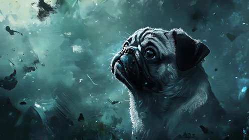 Digital pug portrait in blue abstract textured space.