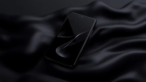 Black smartphone reflects soft highlights on satin fabric